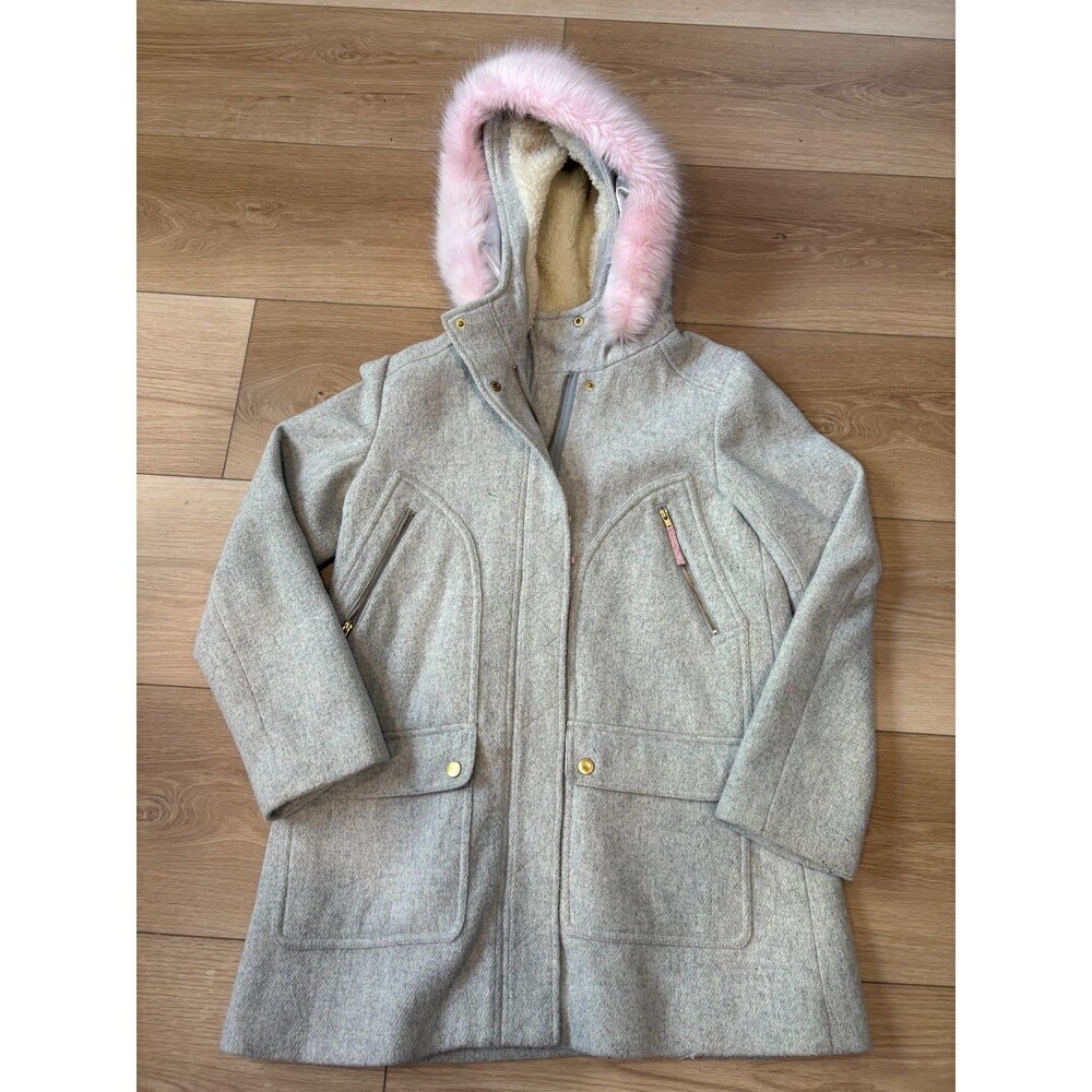 CREWCUTS Girl's Gray Wool Coat Hooded Pink Faux Fur Sherpa Lined Size 14